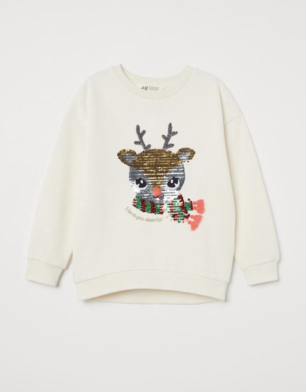 H&M Ivory Flip Sequin Reindeer Tassel Pullover Fleece Sweatshirt Size 8-10Y